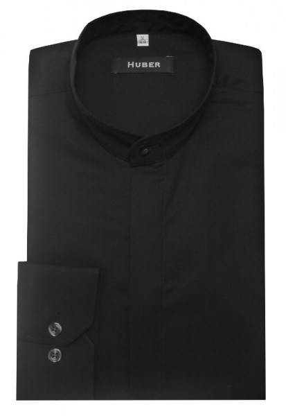 HUBER Herren Stehkragen Hemd schwarz verdeckte Leiste Regular Fit HU-0002