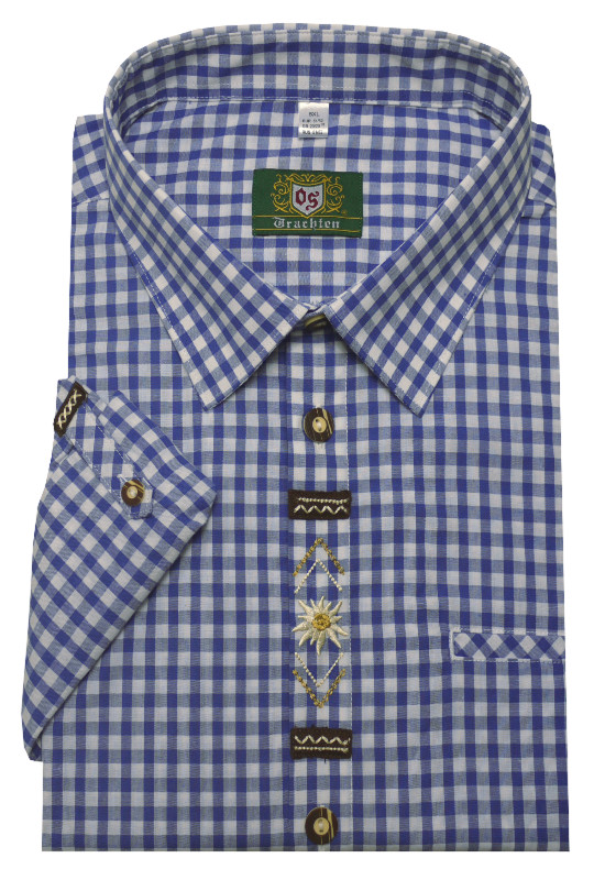 Orbis Textil Herren Trachtenhemd blau weiß kariert mit Stickmotiv und Krempelarm OS-0361 Regular Fit
