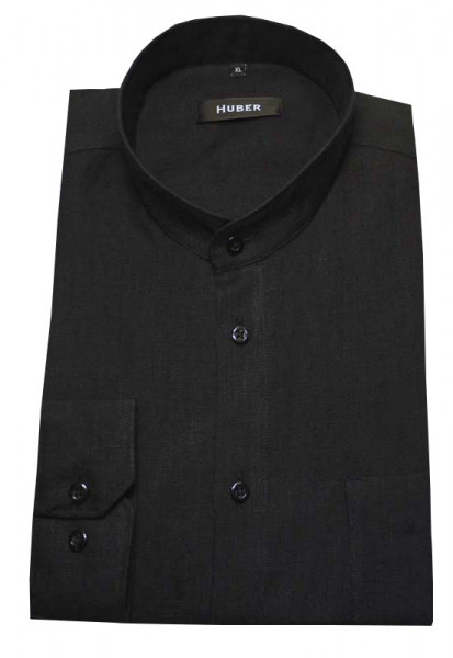 HUBER Stehkragen Leinen Hemd schwarz HU-0050 Regular