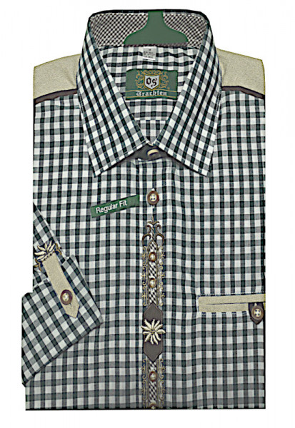 Trachtenhemd grün kariert mit Stickerei, Schulterpasse und Krempelarm TH-0217 Regular Fit