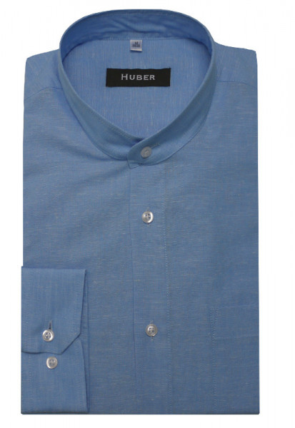 HUBER Stehkragen Leinen Hemd blau Halbleinen HU-0434 Regular