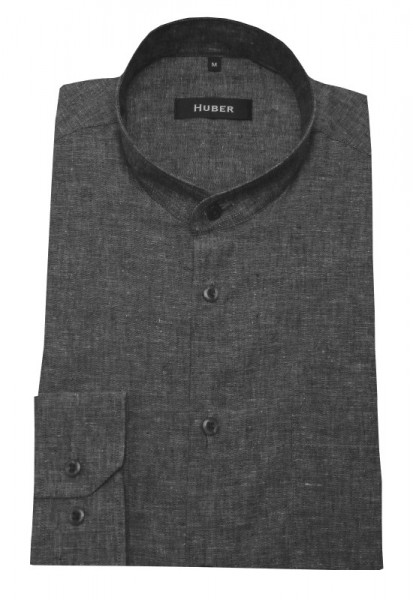 HUBER Stehkragen Leinen Hemd grau Halbleinen HU-0432 Regular