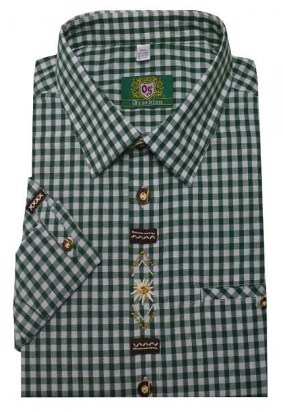 Orbis Trachtenhemd grün weiß mit Stickerei Krempelarm OS-0363 Regular Fit