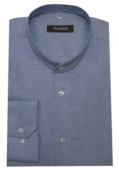 Stehkragen Hemd blau mit feinem Dobby Webmuster von HUBER