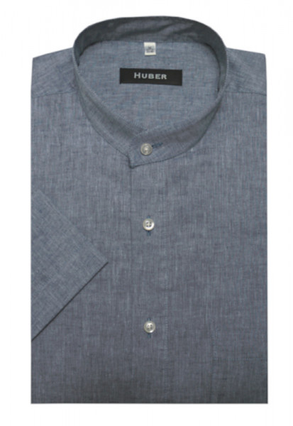 HUBER Stehkragen Kurzarm Hemd jeans blau feines Leinen Regular HU-0132