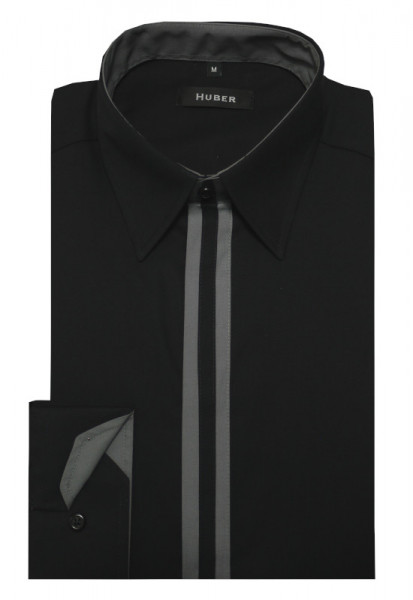 HUBER Hemd mit verdeckter Knopfleiste schwarz mit Kontrast grau HU-0451 Regular Fit