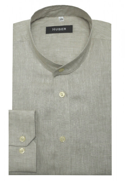 HUBER Stehkragen Hemd beige 100% Leinen feiner Stoff Regular Fit HU-0467