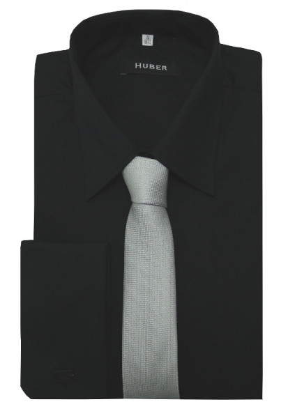 HUBER Hemd schwarz Umschlagmanschette mit Krawatte silbergrau u.Mansch.knopf HU-9012KG Regular Fit