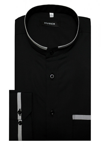 HUBER Stehkragen Hemd schwarz Kontrast grau Regular Fit HU-0561 Made in EU