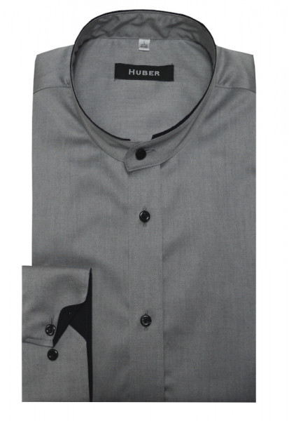 HUBER Stehkragen Hemd grau Baumwolle Melange-Effekt Regular Fit HU-0077 Made in EU