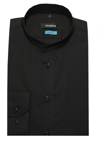 HUBER Stehkragen Hemd schwarz Slim Fit körperbetont bügelleicht HU-9382