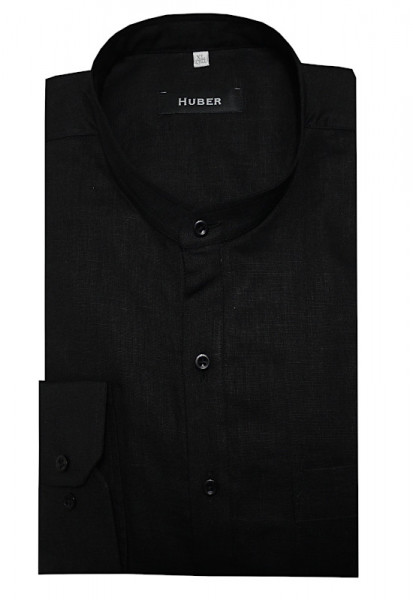 HUBER Schlupf-Hemd Stehkragen schwarz 100% Leinen HU-9502 Regular Fit