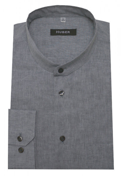 HUBER Stehkragen Leinen Hemd grau Halbleinen HU-0435 Regular