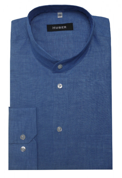 HUBER Stehkragen Hemd blau 100% Leinen nachhaltig HU-0043 Regular
