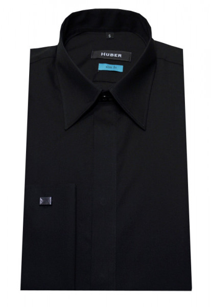 HUBER Umschlag-Manschetten Hemd schwarz HU-0362 Slim Fit