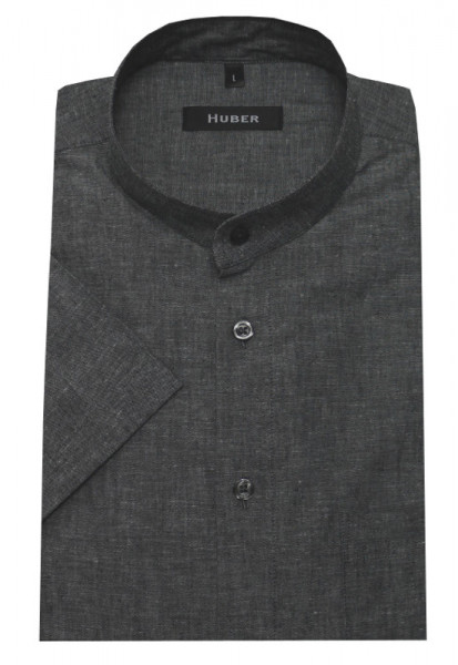 HUBER Stehkragen Leinen Kurzarm Hemd grau HU-9131 Regular
