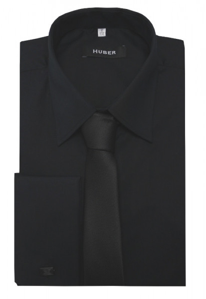 HUBER Hemd schwarz Umschlagmanschette mit Krawatte schwarz u. Mansch.knopf HU-5012 Regular Fit