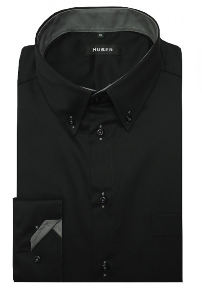 HUBER Designer Hemd schwarz Kontrast grau Button-Down Regular HU-0440 Made in EU