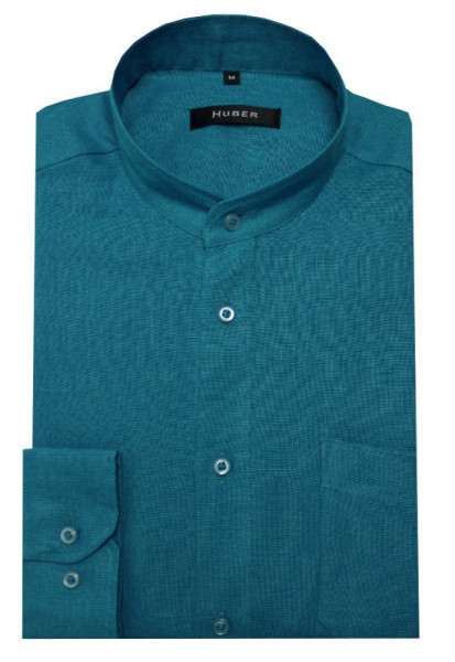 HUBER Stehkragen Leinen Hemd türkis petrol blau HU-0039 Regular
