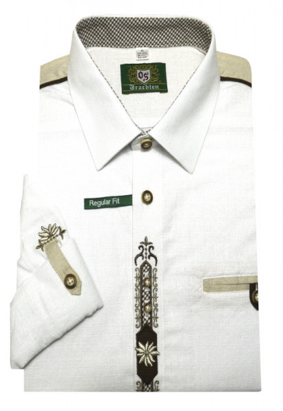Trachtenhemd weiß mit Stickerei, Schulterpasse und Krempelarm Regular Fit TH-0214