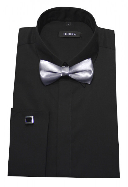 HUBER Umschlag-Manschetten Hemd schwarz +Fliege HU-1362 Slim Fit