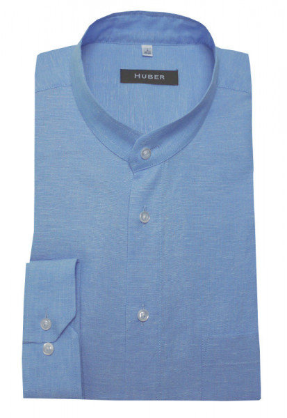 Stehkragen Leinen Hemd hell-blau von HUBER Leinenmischung Halbleinen