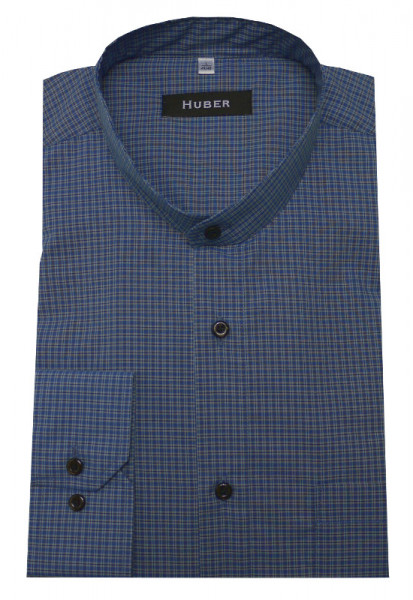 HUBER Stehkragen Hemd blau weiß kariert HU-0452 Regular Fit