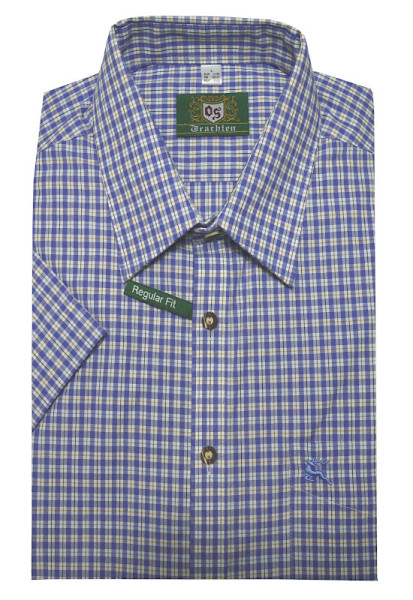 Trachtenhemd Kurzarm blau kariert mit Stickmotiv Regular Fit TH-0421
