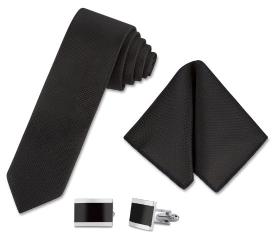 HUBER Set Krawatte schwarz mit Einstecktuch und Manschettenknöpfe