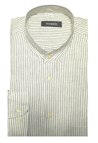 HUBER Stehkragen Hemd Streifen weiss-khaki-braun 100% Leinen nachhaltig HU-0470 Regular