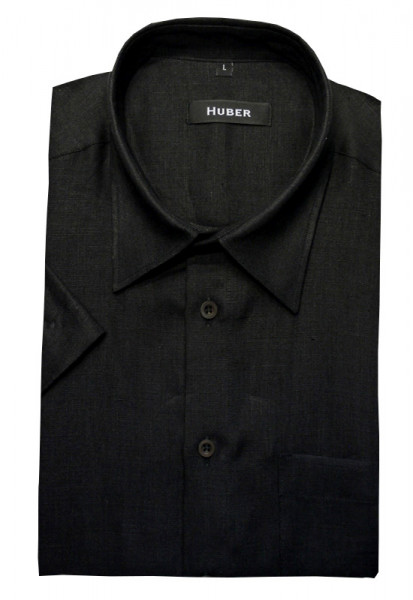HUBER Leinen Hemd schwarz Kurzarm HU-0102 Regular