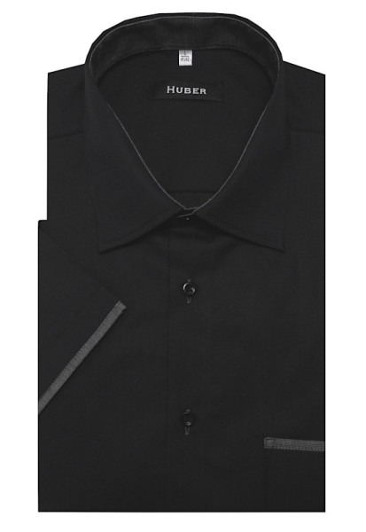 HUBER Kurzarm Hemd mit Kentkragen schwarz mit Kontrast Regular Fit HU-0194