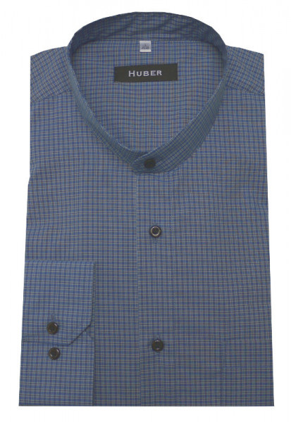 HUBER Stehkragen Hemd blau kariert HU-0452 Regular Fit