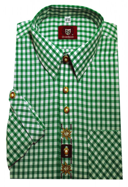 Trachtenhemd von Orbis mit Kentkragen, Krempelarm u. Stickmotiv grün-weiss Baumwollmischung