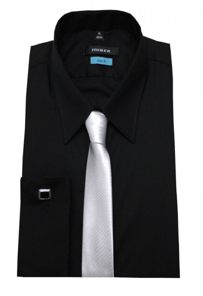 Slim Fit Umschlag-Manschetten Hemd schwarz von HUBER mit Krawatte
