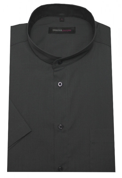 HUBER Stehkragen Hemd grau Kurzarm bügelleicht Regular Fit Label Black &amp; Purple HU-0184