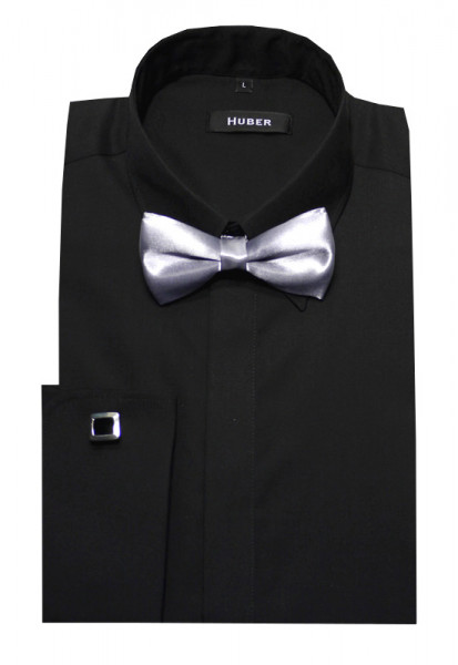 HUBER Umschlag-Manschetten Hemd schwarz inkl.Fliege grau und Mansch.Knopf Slim Fit HU-1362