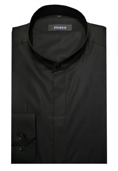 HUBER Stehkragen Hemd schwarz verdeckte Leiste HU-0002 Regular