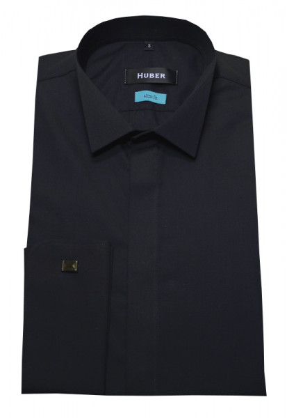 Slim Fit Smoking Hemd schwarz von HUBER verdeckte Knopfleiste