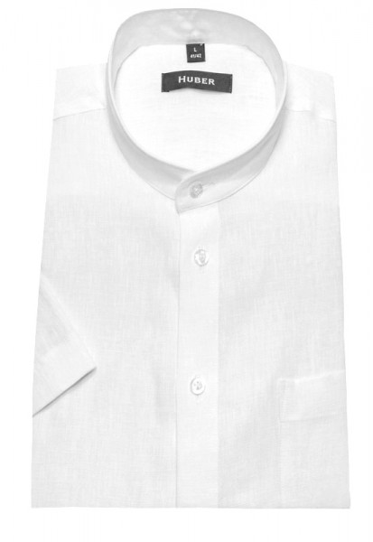 HUBER Stehkragen Leinen Hemd weiß Kurzarm HU-0114 Regular Fit