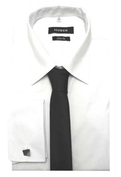 HUBER Umschlag-Manschetten Hemd weiß inkl. Krawatte+Tuch u.Mansch.knöpfe Slim Fit HU-5361