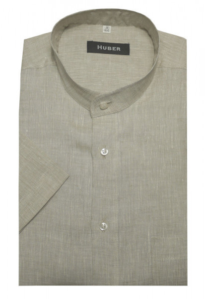 HUBER Stehkragen Kurzarm Hemd beige 100% Leinen Nachhaltige Naturfaser HU-9117 Regular