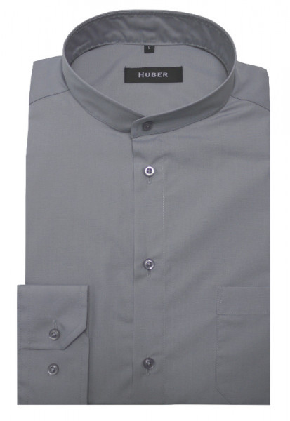 HUBER Stehkragen Hemd grau Regular Fit bügelleicht Label Black &amp; Purple HU-0653