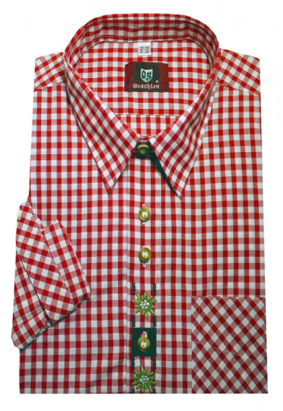 Orbis Trachtenhemd rot-weiß mit Stickerei Krempelarm OS-0103 Regular Fit