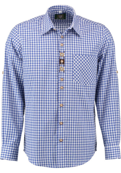 Trachtenhemd blau-weiß mit Stickerei und Krempelarm Regular Fit TH-0351