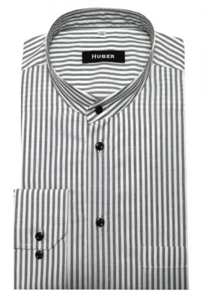 HUBER Stehkragen Hemd grau gestreift Regular Fit HU-0031 Made in EU