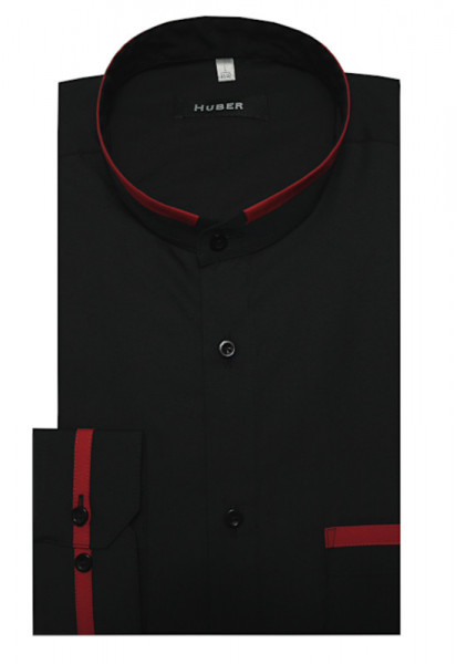 HUBER Stehkragen Hemd schwarz-rot Regular Fit HU-0562 Made in EU