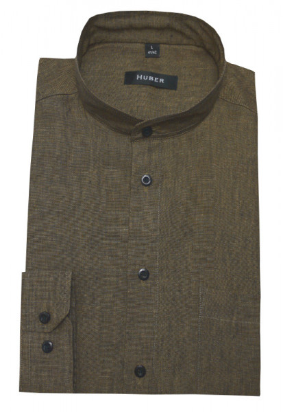 HUBER Stehkragen Hemd Leinen braun/olive meliert HU-0419 Regular