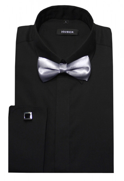 HUBER Hemd schwarz Umschlagmanschette mit Fliege silber u. Mansch.knopf HU-1012 Regular Fit
