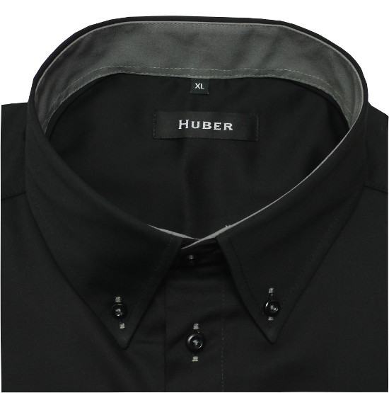 HUBER Designer Hemd schwarz Kontrast grau Button-Down Regular HU-0440 Made in EU